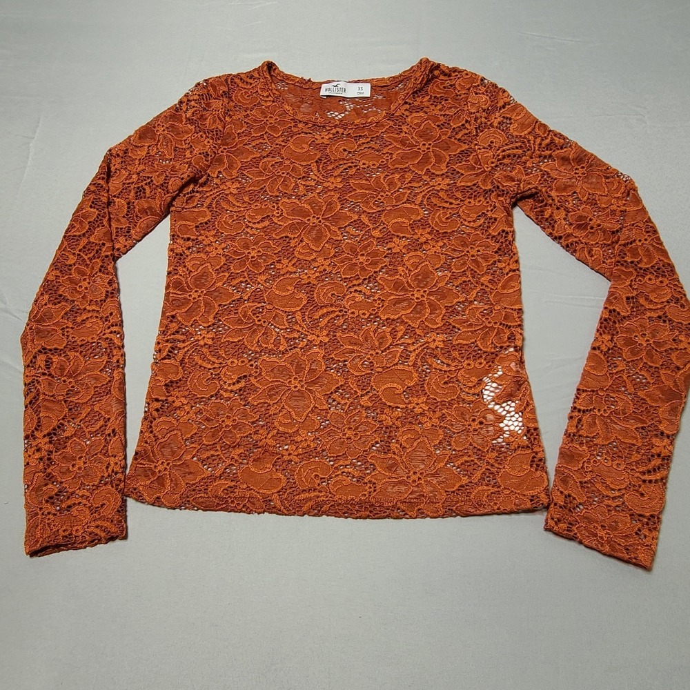Hollister Burnt Orange Floral Lace Top XS Sheer Boho Cottagecore Long Sleeve Y2K